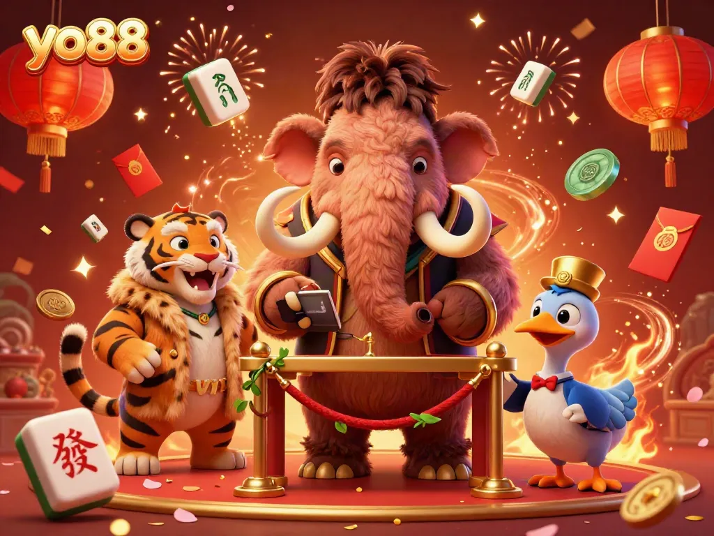 Experience the vibrant yo88 casino atmosphere with a mammoth bouncer, tiger VIP, and dodo doorman.