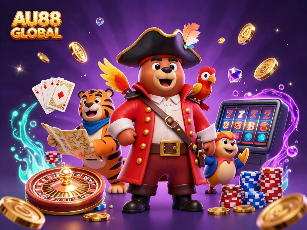 Experience the excitement of AU88 GLOBAL with vibrant characters and animated casino elements.