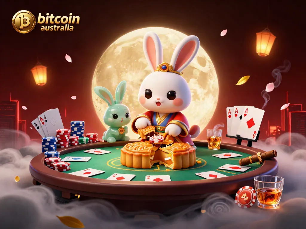 Play at bitcoin casino Australia where a moon rabbit reveals poker chips from mooncakes.