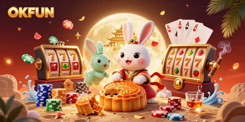 Engage in the thrill of OKFUN casino adventures with the moon rabbit celebrating with poker chips