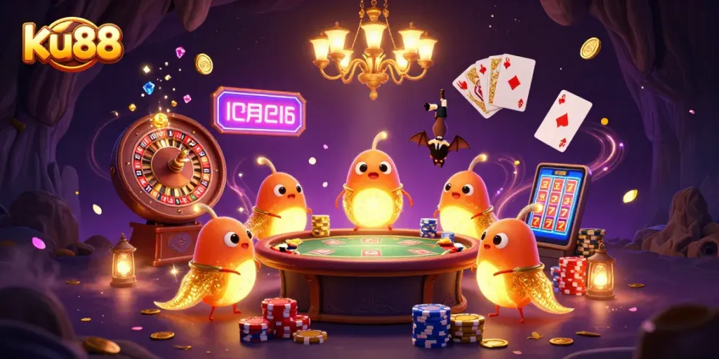 ku88 casino scene with glowing glowworms, bat dealer, and vibrant gaming elements
