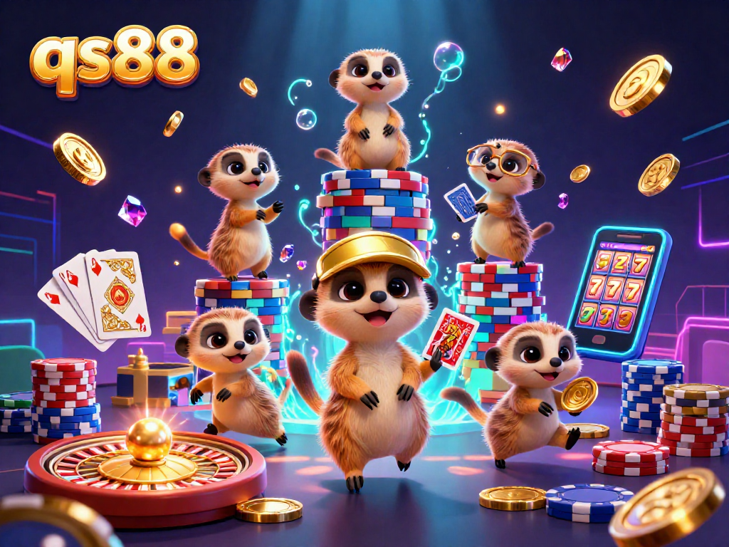 Experience thrilling gaming action at qs88 with lively meerkats running a vibrant casino, surrounded by sparkling treasures.
