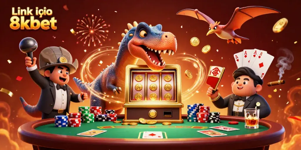 Experience exciting moments with the Link vào 8kbet, featuring a dinosaur-themed casino scene filled with action and vibrant visuals.