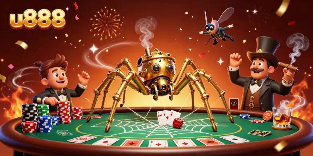 Experience the thrill of winning at u888 with a steampunk-themed casino illustration showcasing a golden spider and poker elements.