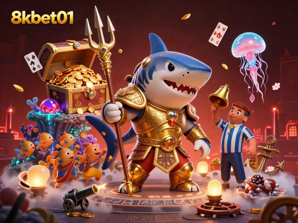 Experience thrilling underwater action in 8kbet01 with a cartoon tiger shark in gladiator armor.