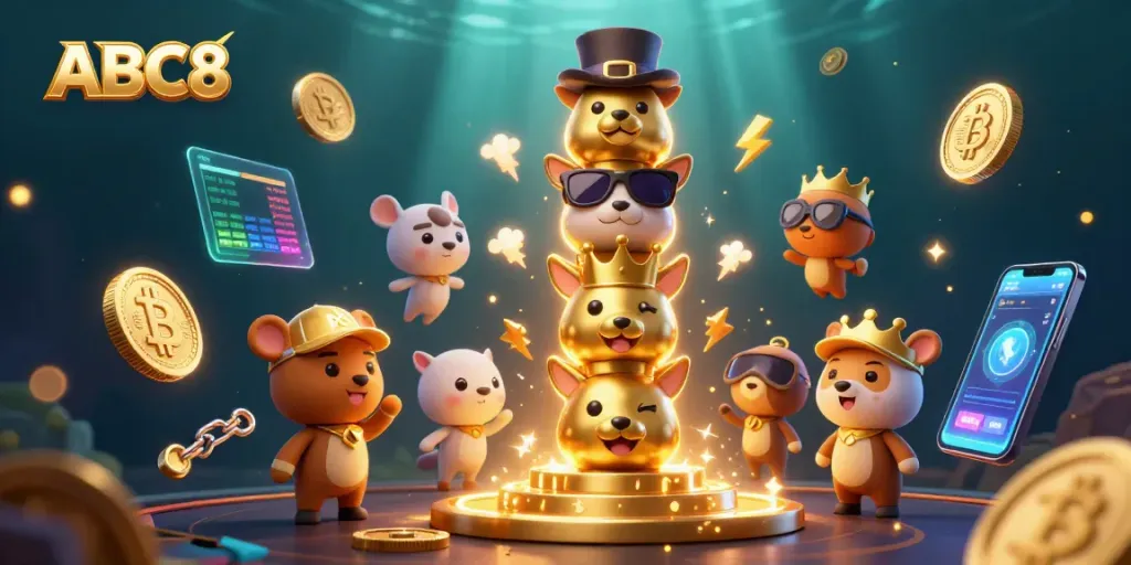 Play with ABC8 at a vibrant casino scene featuring exciting 3D characters and crypto elements.
