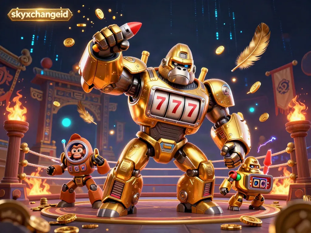 Engage with the dynamic skyxchangeid scene featuring a golden gorilla mech and cinematic slot elements.