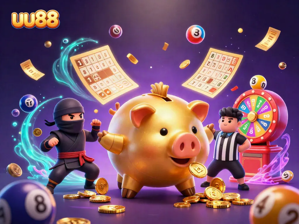 The uu88 platform attracts gamers with an energetic scene depicting a sumo wrestler, wallet ninja, and samurai referee in a lively gambling environment.
