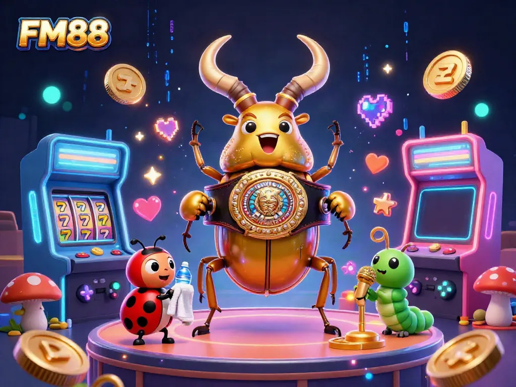 FM88 engages players with a golden stag beetle champion in a vibrant casino scene.
