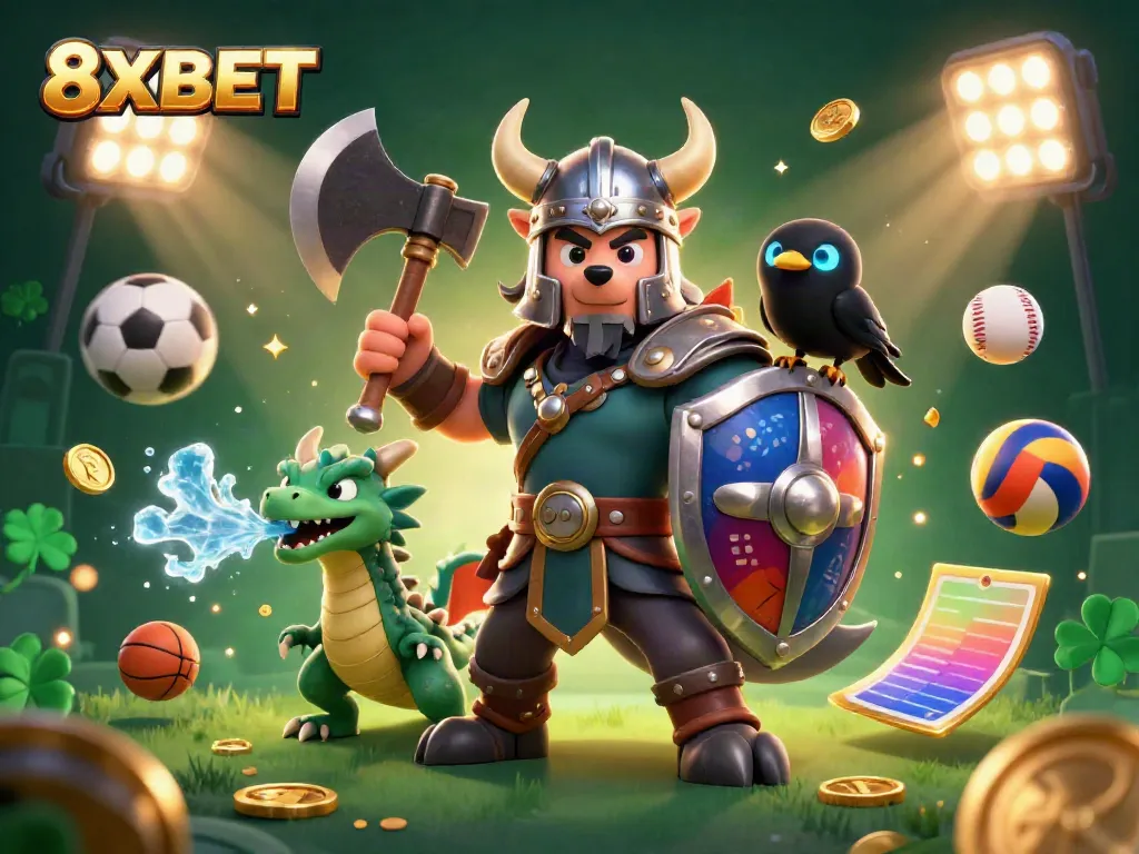Experience thrilling gaming at 8XBET with vibrant 3D Viking warrior, dragon, and betting elements.