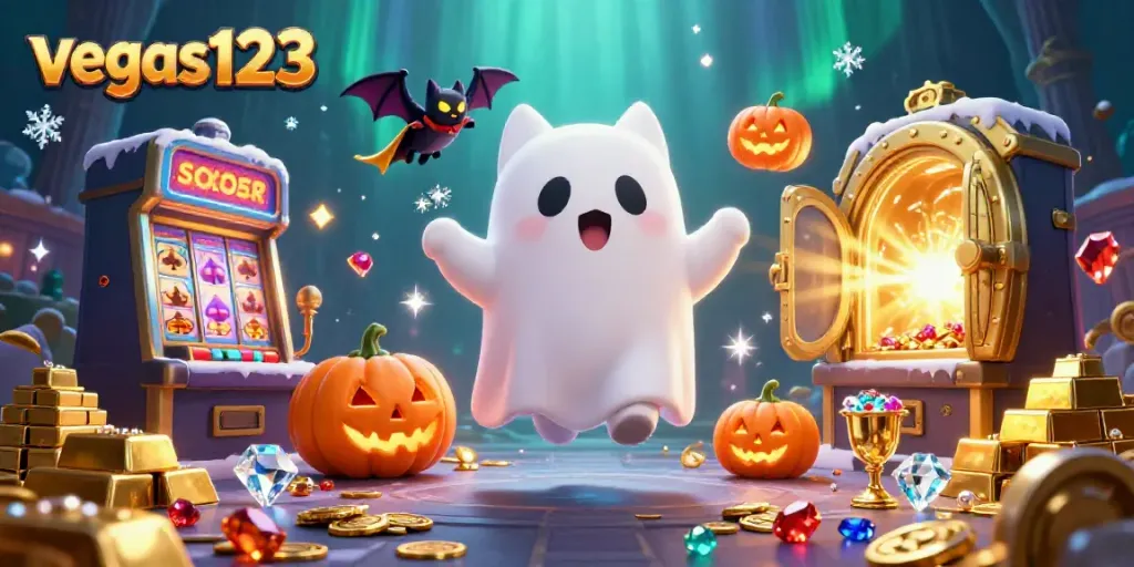 Gambarlah karakter 'vegas123' dengan kucing hantu dan kelelawar kecil di kasino yang ramai.