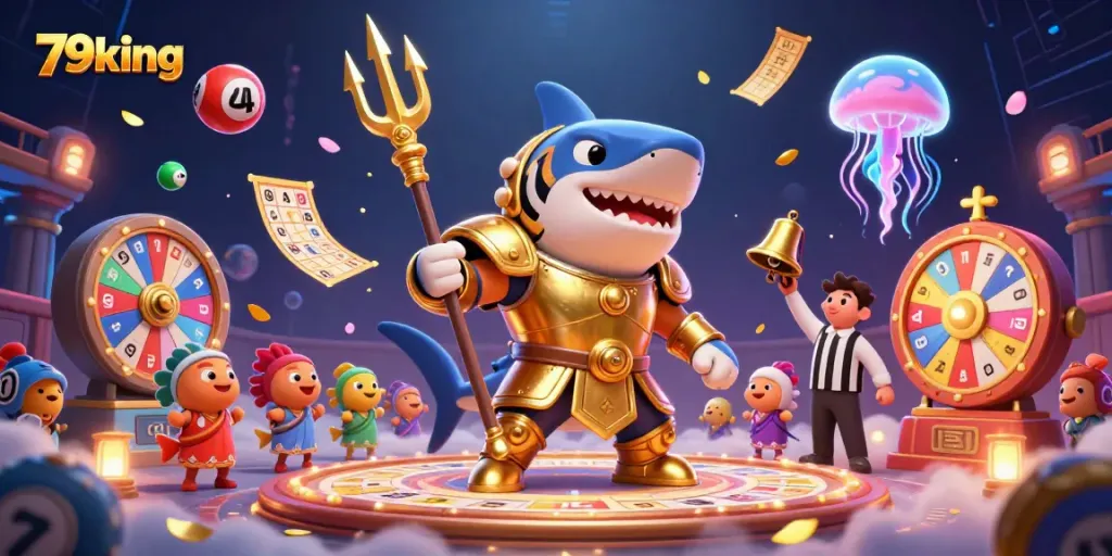 Experience the thrilling underwater action at 79king with a golden shark gladiator in a dynamic casino scene.