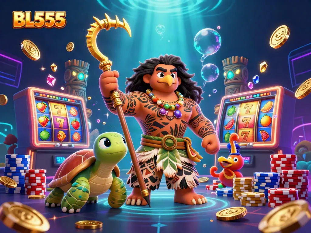 Experience the thrill of winning with BL555's vibrant casino scene featuring colorful slot reels and dynamic game elements.