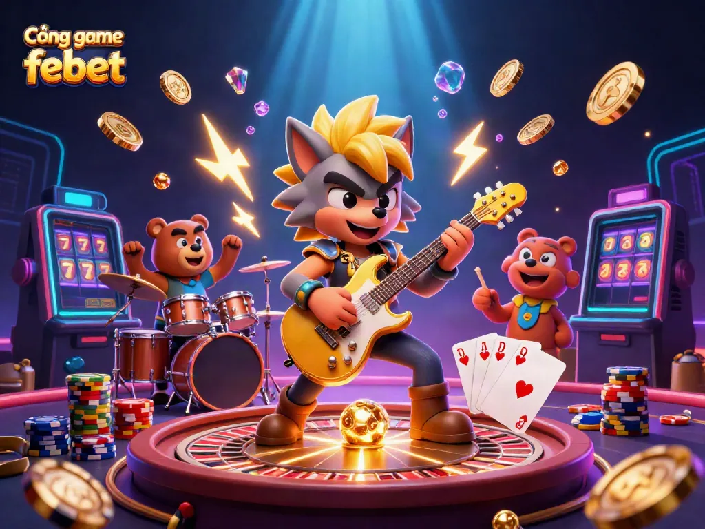 Cổng game febet showcases an electrifying 3D casino scene with vibrant characters and casino elements.