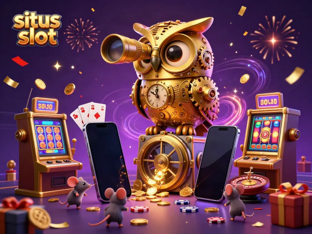 Engage with situs slot in a vibrant casino scene featuring a golden owl and lively slot machines.
