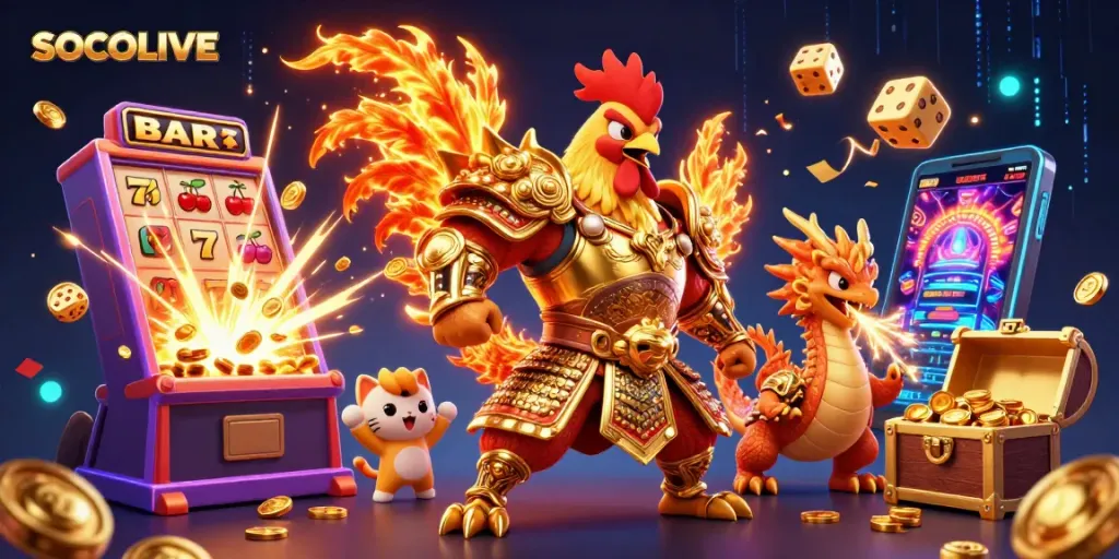 SOCOLIVE showcases thrilling casino energy with slot machines and vibrant characters.