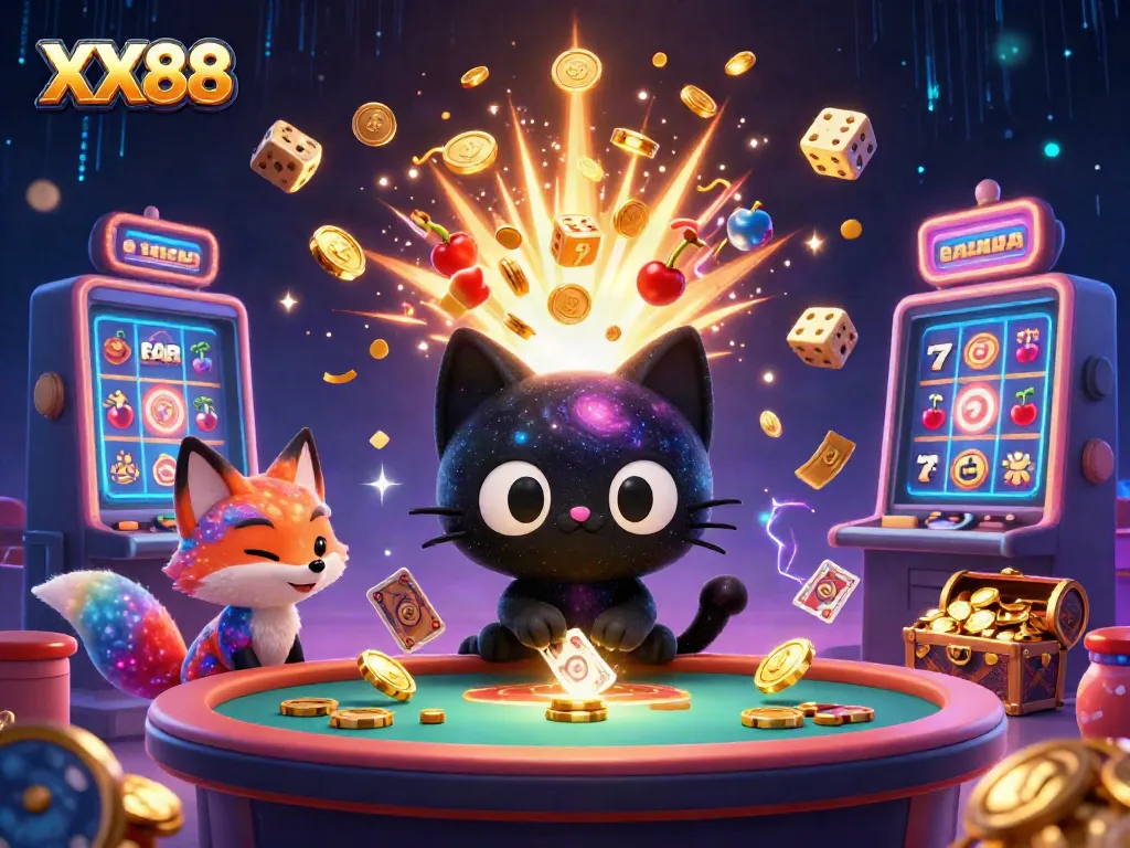Experience exciting gameplay with XX88's captivating cosmic casino featuring a black hole cat and nebula fox.