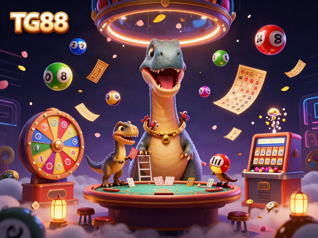 Experience the dynamic world of TG88 with a thrilling 3D casino scene featuring unique characters and game elements.