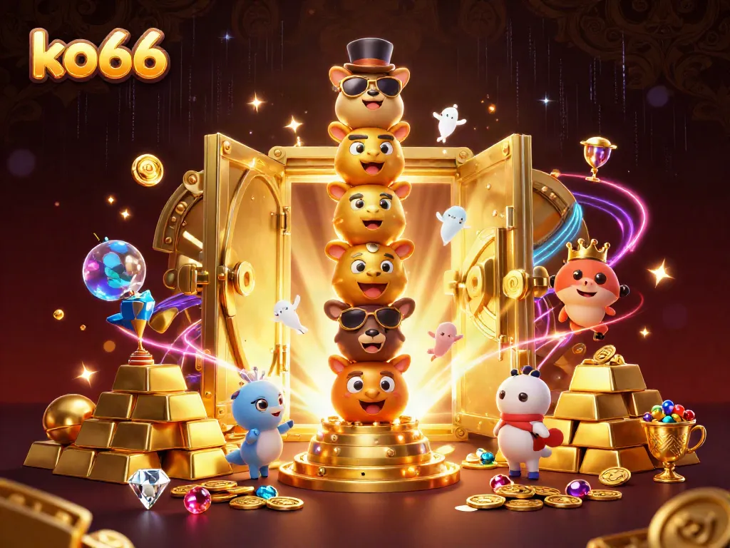 Play and win at ko66 with a vibrant 3D casino illustration showcasing dynamic elements and rich treasures.