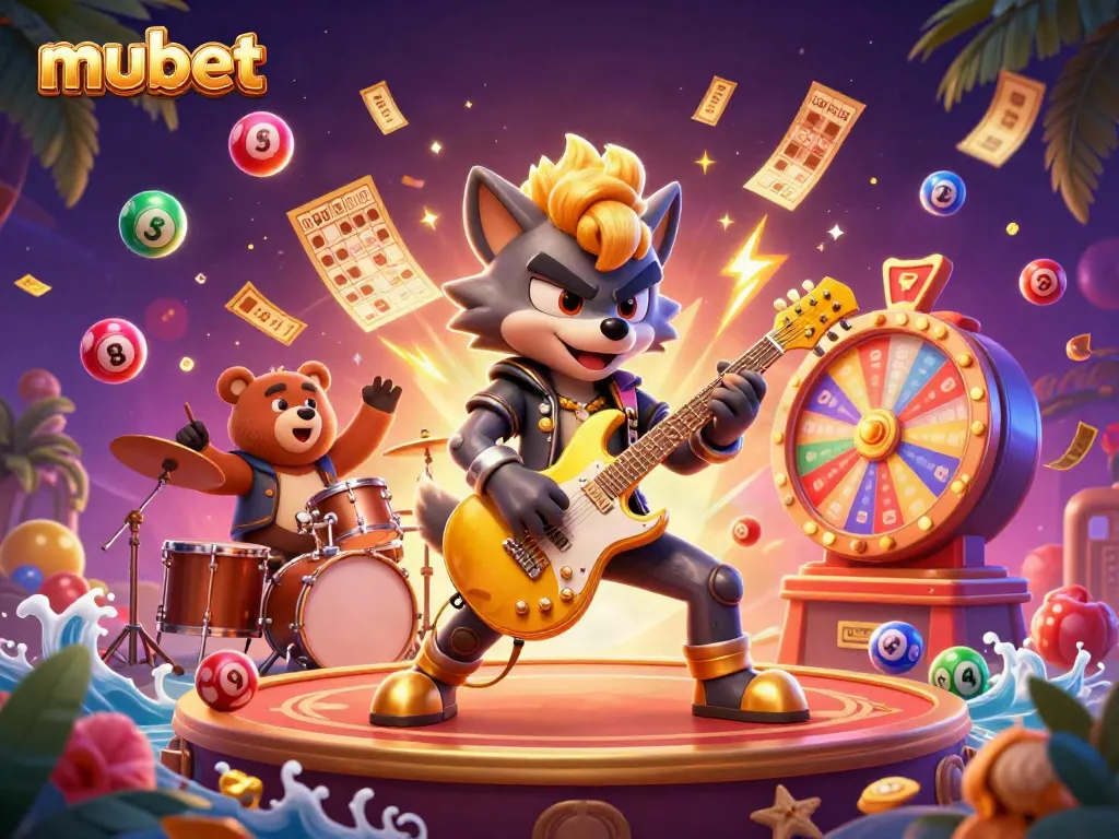 Experience thrilling excitement with mubet's vibrant casino stage featuring a rock star wolf and dynamic game elements.
