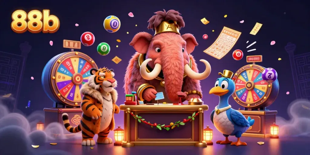 Exciting 88b gaming scene with a woolly mammoth bouncer, saber-tooth tiger VIP, and colorful lottery elements.