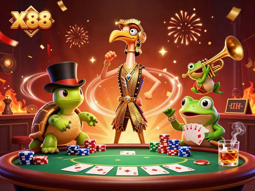 Win big at X88 with a vibrant casino scene featuring characters and dynamic gaming elements.