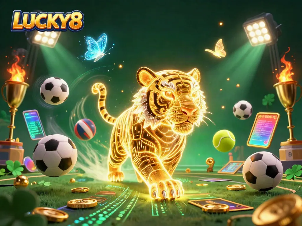 LUCKY8 captures the excitement of online gambling with a vibrant 3D illustration highlighting a neon tiger.