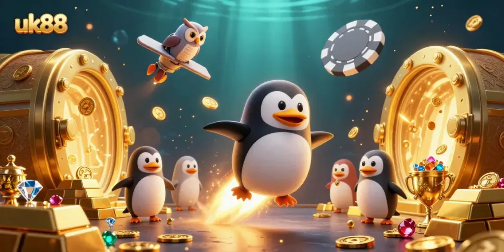 Experience the thrill of uk88 as a golden penguin navigates a dynamic casino universe.