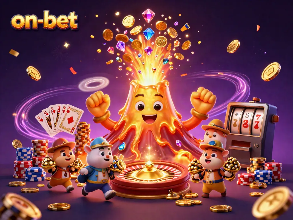 Play thrilling games and win big with ON-BET's exciting casino experience, featuring a dynamic 3D volcano scene.