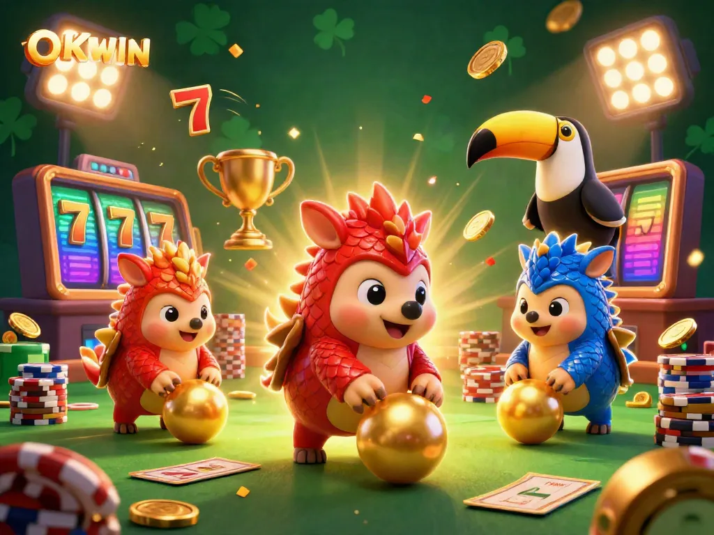 Okwin showcases rival pangolins competing in a vibrant casino-themed atmosphere, capturing the excitement of online gaming.