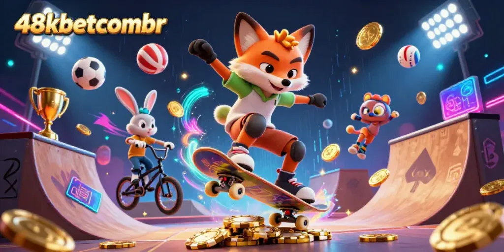 Experience thrilling actions at 48xbetcombr with cartoon fox and rabbit enjoying casino adventures.