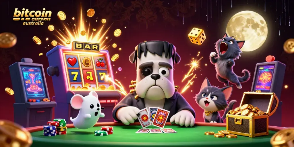 Experience the thrill of a bitcoin casino Australia with vibrant characters and gaming action.