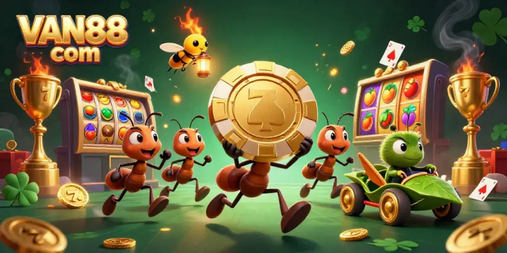 Engage with VAN88 com as ants execute a heist for a giant poker chip in an exciting 3D casino scene.
