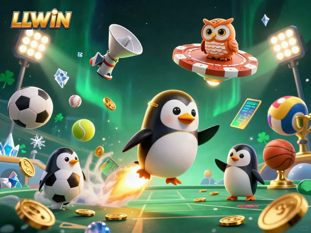 Experience the thrill of LLWIN with a golden penguin racing through a casino galaxy!