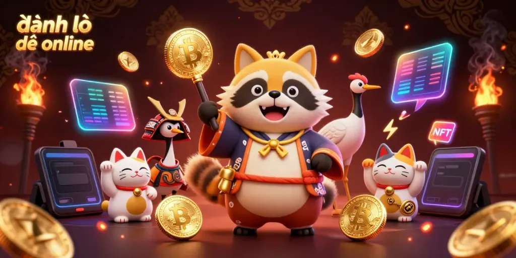 Engaging 3D scene featuring cheerful tanuki promoting đánh lô đề online with vibrant neon cryptocurrency elements.