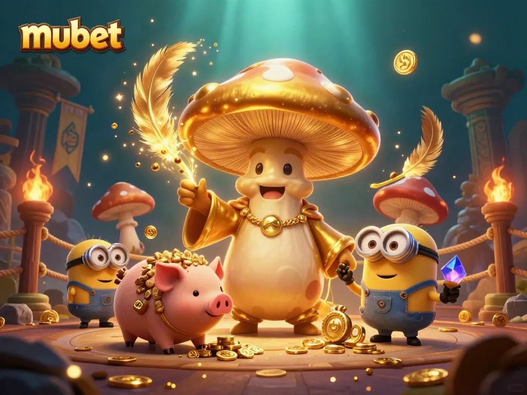 Experience the magic of mubet with a golden mushroom wizard and treasure-filled scene.