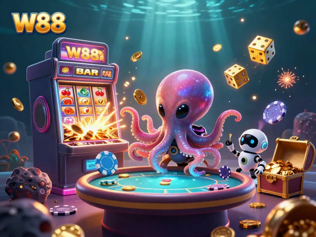 Experience the vibrant world of W88 with a joyful alien octopus gaming at a holographic poker table amidst a burst of casino excitement.