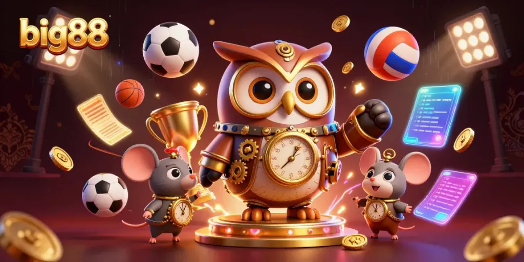 Engage in thrilling gaming at big88 with a 3D owl and casino elements.