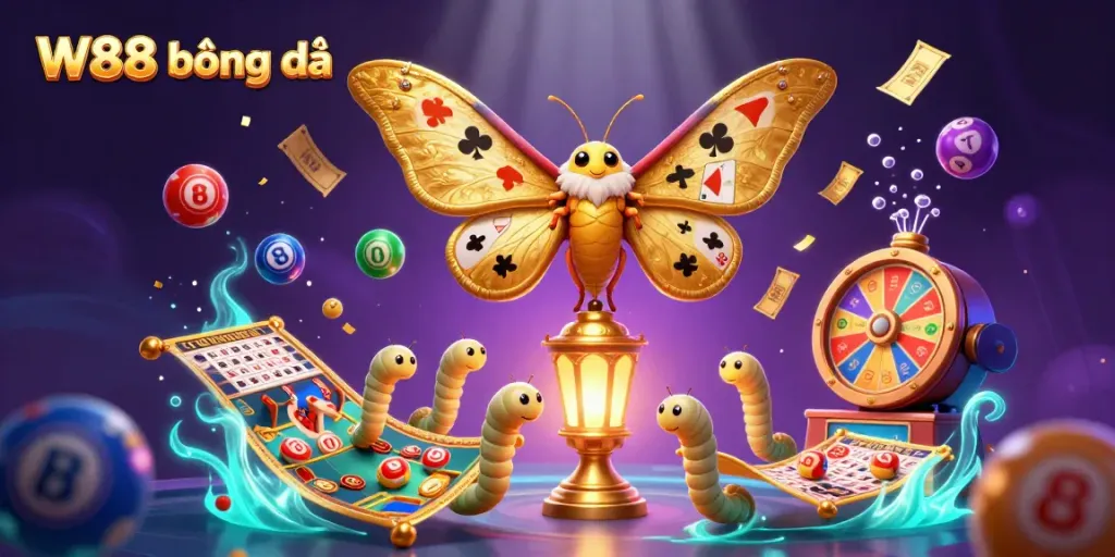 Bet on W88 bóng đá with a vibrant scene featuring a golden atlas moth and colorful lottery elements.