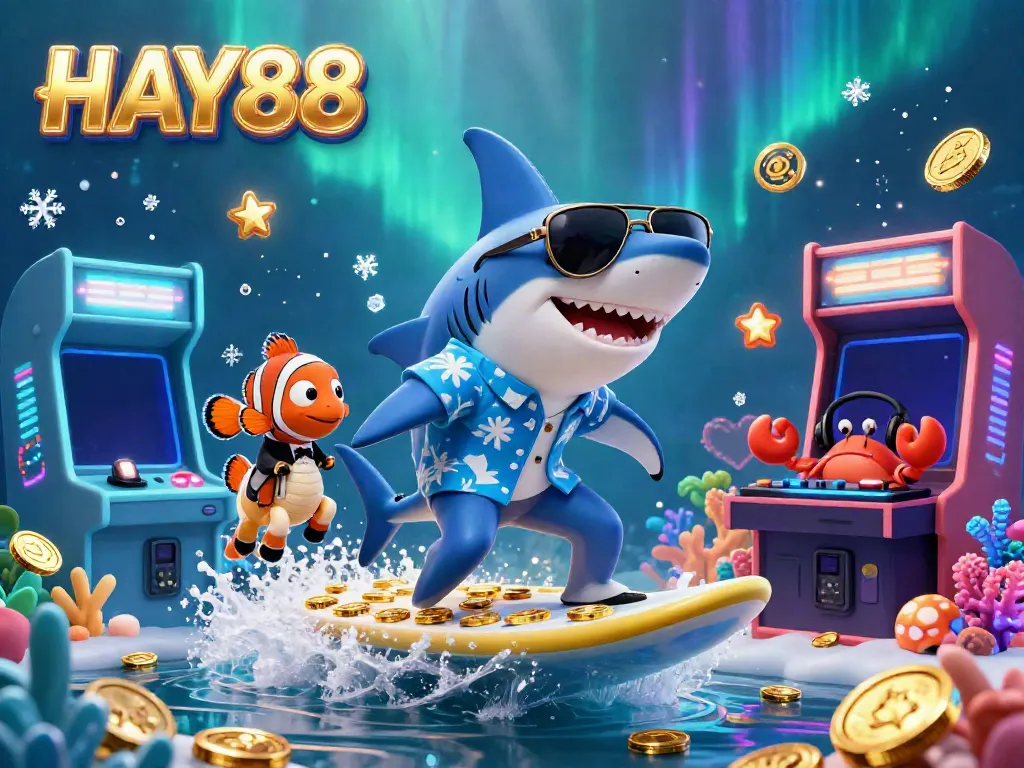 Experience HAY88 with a vibrant 3D scene of cartoon characters surfing on gold coins amidst gaming excitement.