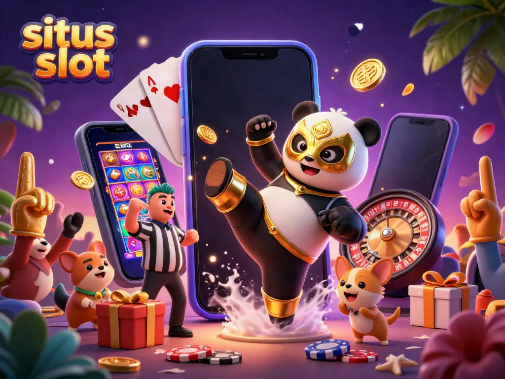 Experience excitement at situs slot with a 3D panda wrestler kicking, surrounded by casino elements.
