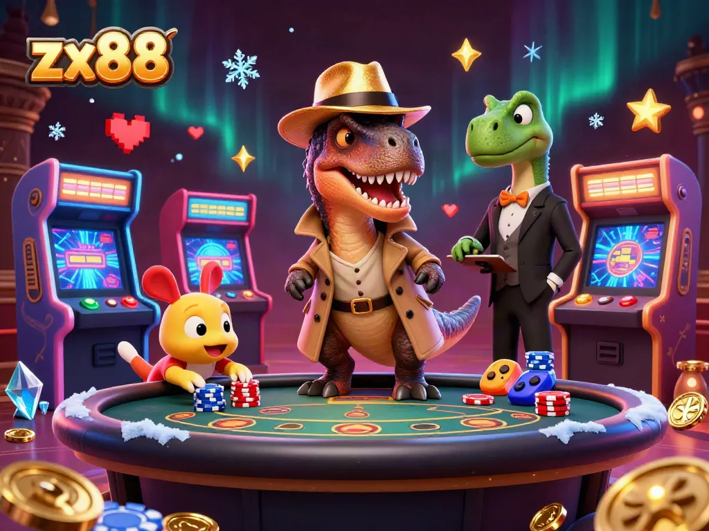 Experience the thrill of zx88 with a velociraptor at a blackjack table, amidst vibrant gaming elements.