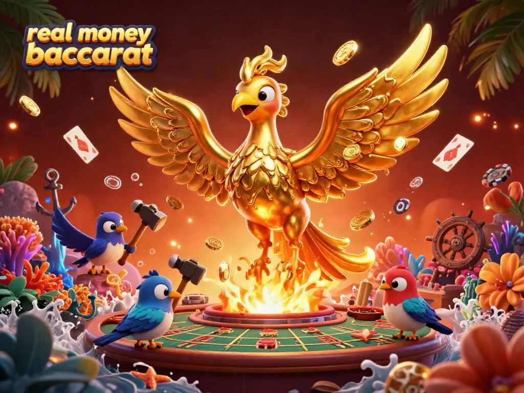 Experience real money baccarat excitement with our stunning 3D illustration of a golden phoenix and casino elements.
