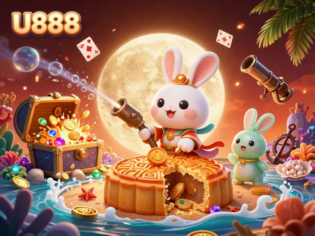 Win big at U888 with poker chips and golden mooncakes in this vibrant casino-themed artwork.
