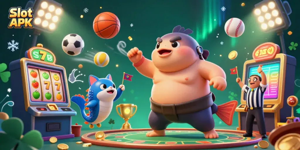 Experience the thrilling "Slot APK" action with a vibrant underwater casino featuring a sumo fugu champion.