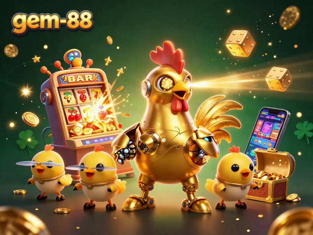 Experience the thrill of online gaming with gem-88's vibrant casino robots and flashing slot machines.