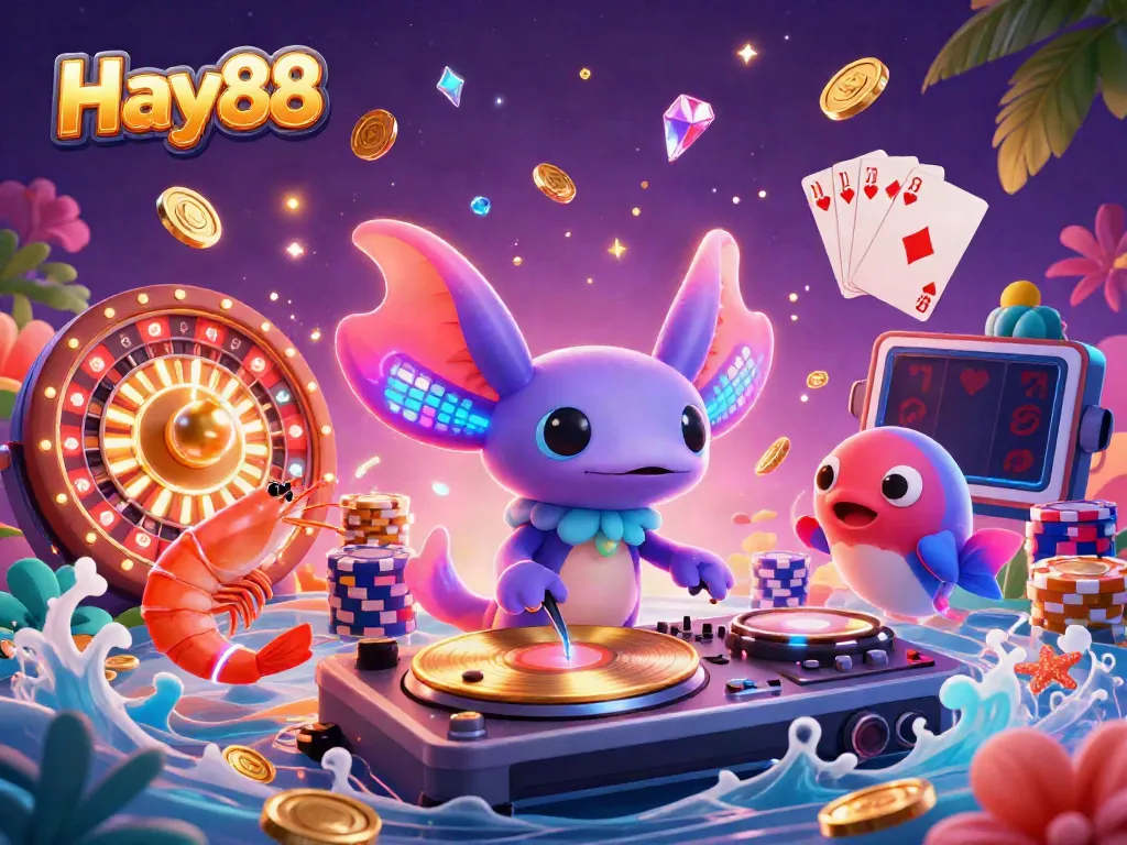 Experience thrilling moments at Hay88 with vibrant underwater casino action featuring an axolotl DJ and dazzling game elements.