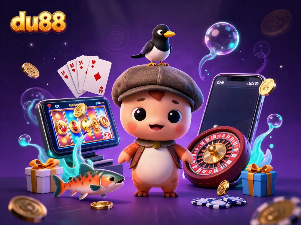 Experience exciting gaming adventures at du88 with playful characters and vibrant casino elements in a 3D illustration.